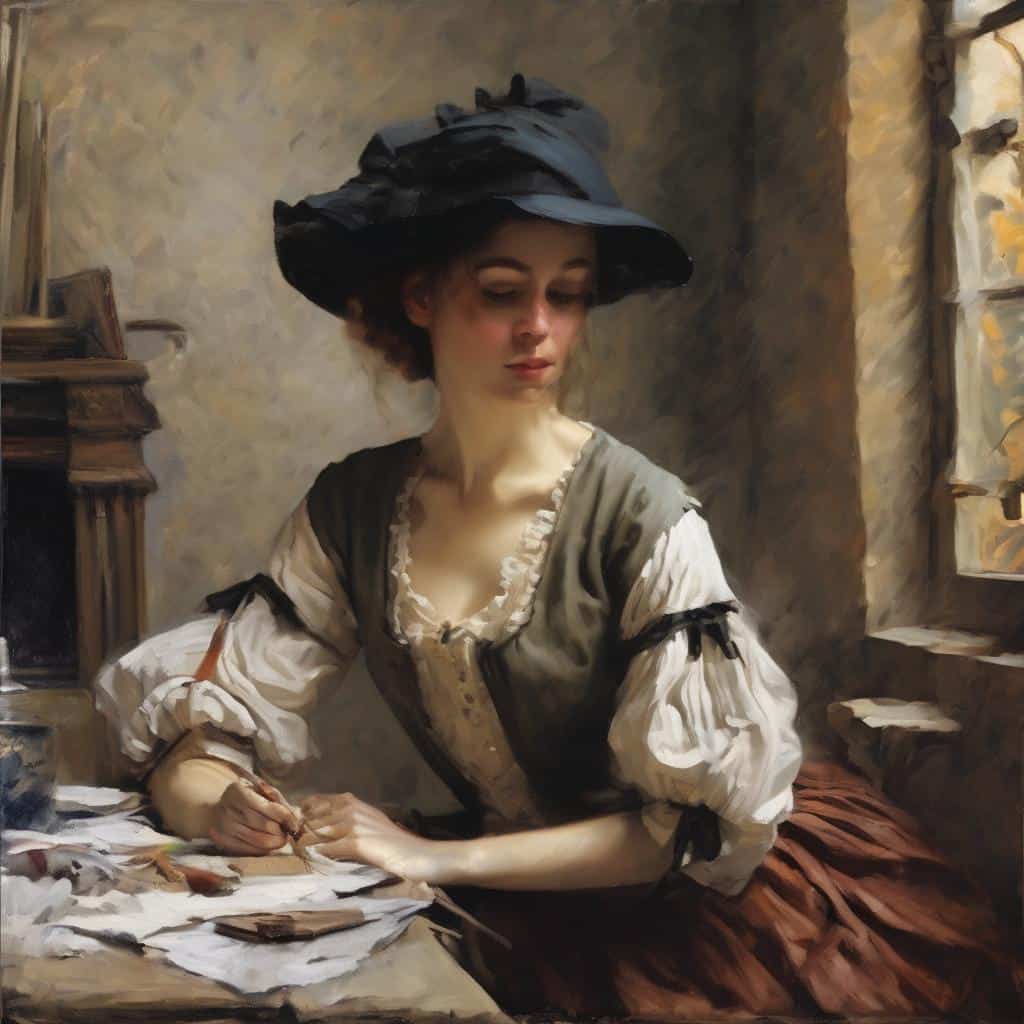 Φωτογραφία γυναίκας ζωγράφου σε εσωτερικό χώρο, με καπέλο και ιστορική ενδυμασία, που δημιουργεί έργο τέχνης σε καμβά.