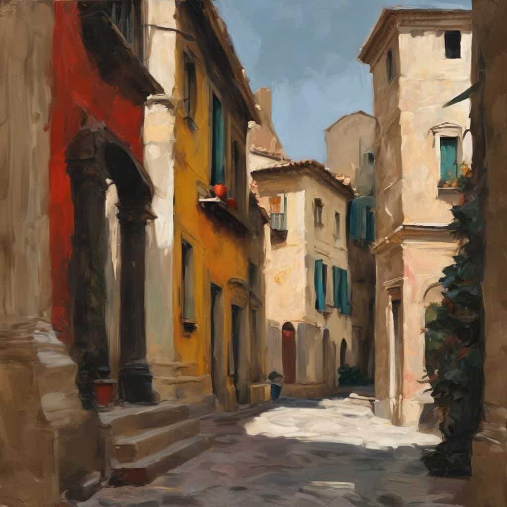 Παραδοσιακή αστική οδός με πολύχρωμα κτίρια και καταπράσινα παράθυρα, σε οπτική τέχνη και εντυπώσεις.