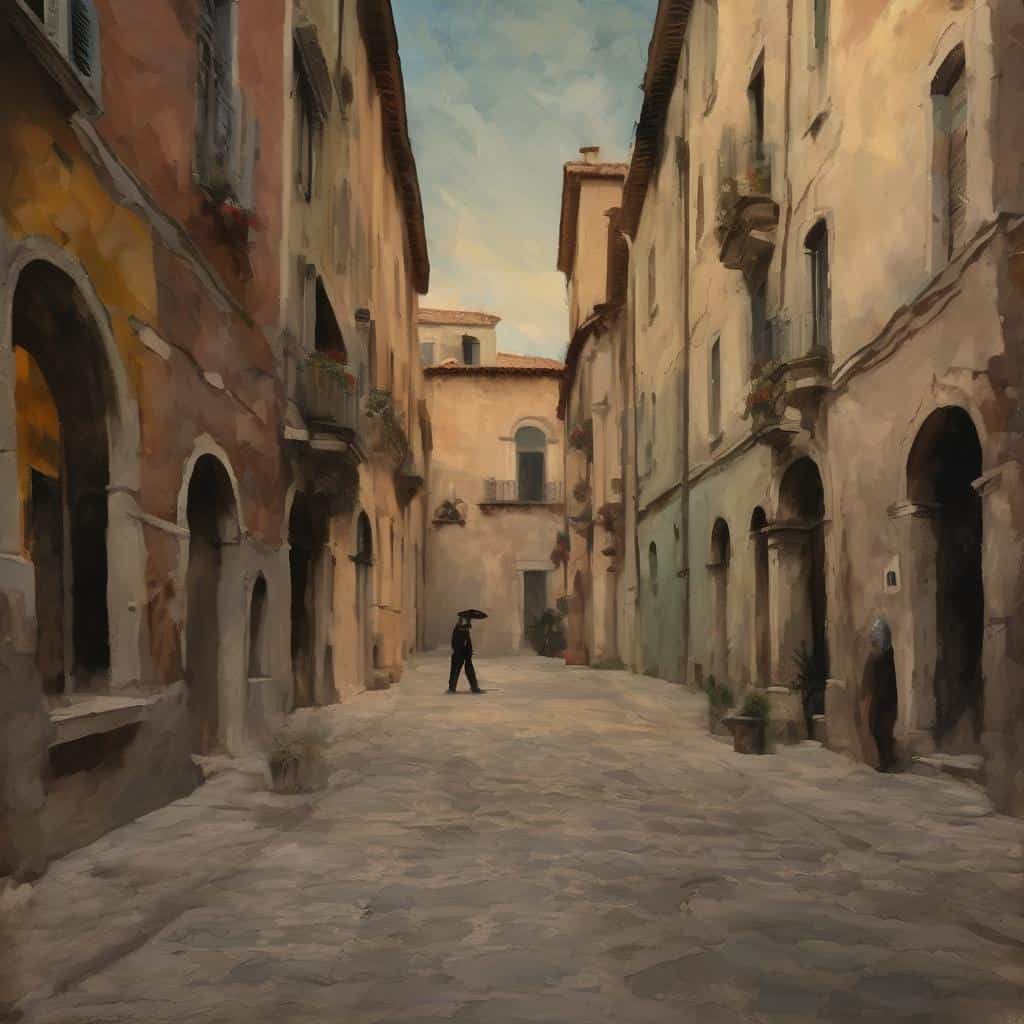 Οπτική τέχνη, εντυπώσεις και αντίληψη, ρεαλιστικό τοπίο με παλιά κτίρια και άνθρωπο με ομπρέλα σε δρομάκι, φθινοπωρινή ατμόσφαιρα.